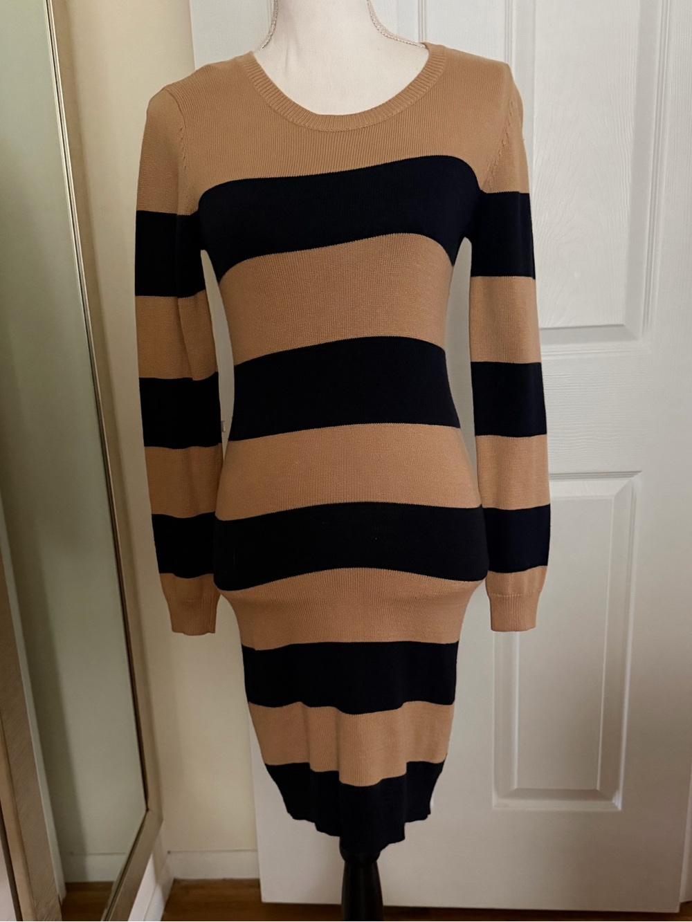 Striped Knit Sweater Dress in Camel and Blue